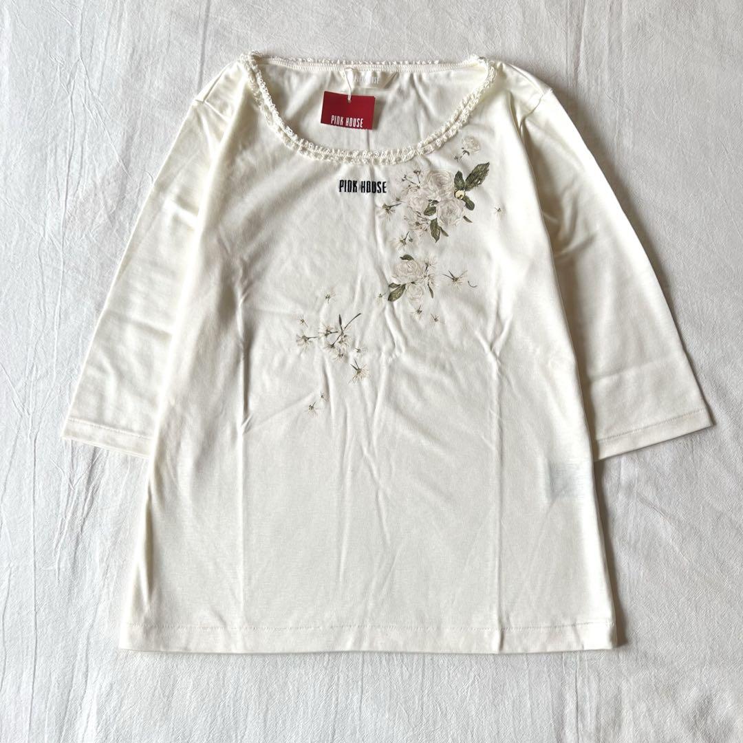 【新品】PINK HOUSE Tシャツ カットソー バラ ホワイト 日本製 M