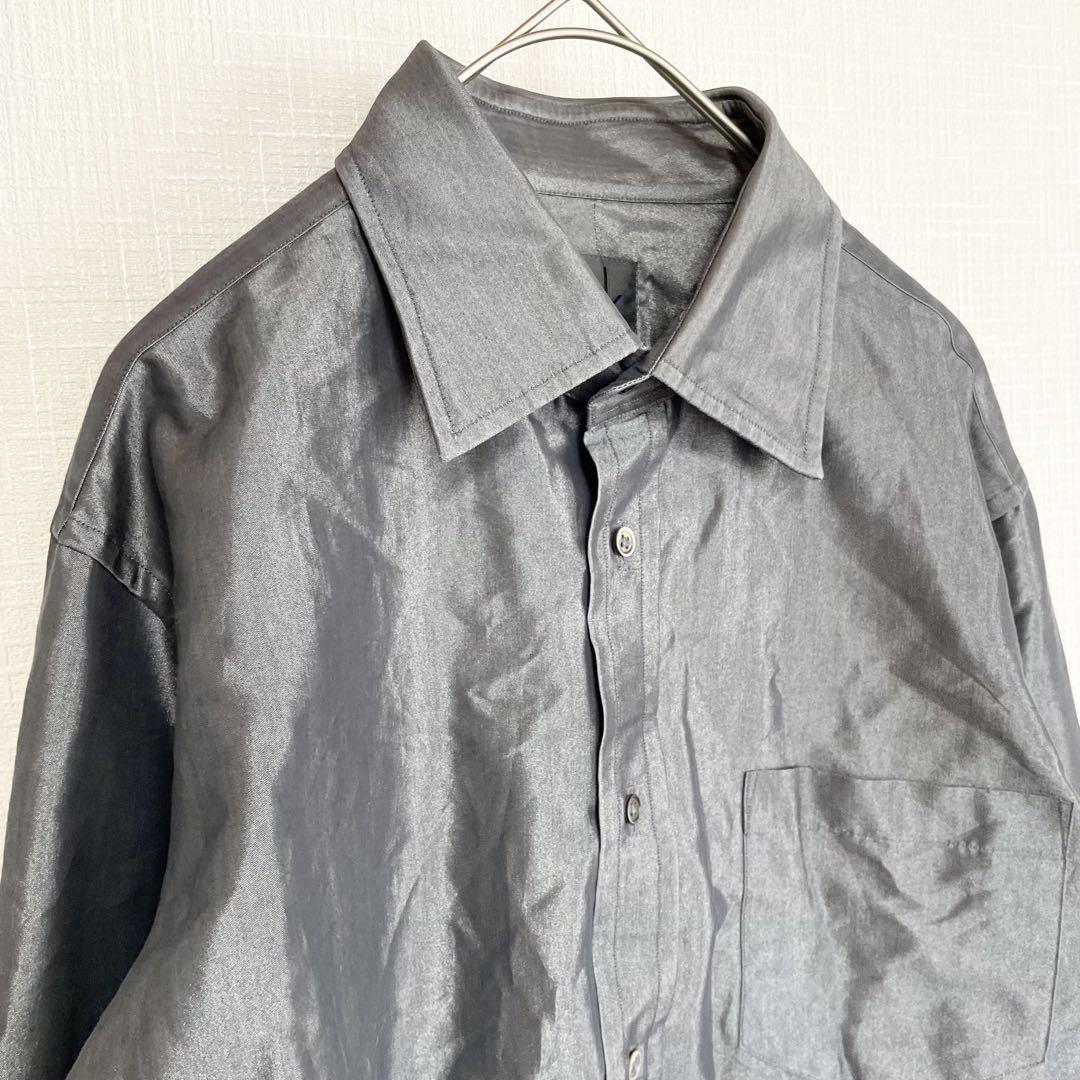 カルバンクライン 長袖 シャツ【L】グレー シルバー 光沢感 ポリエステル