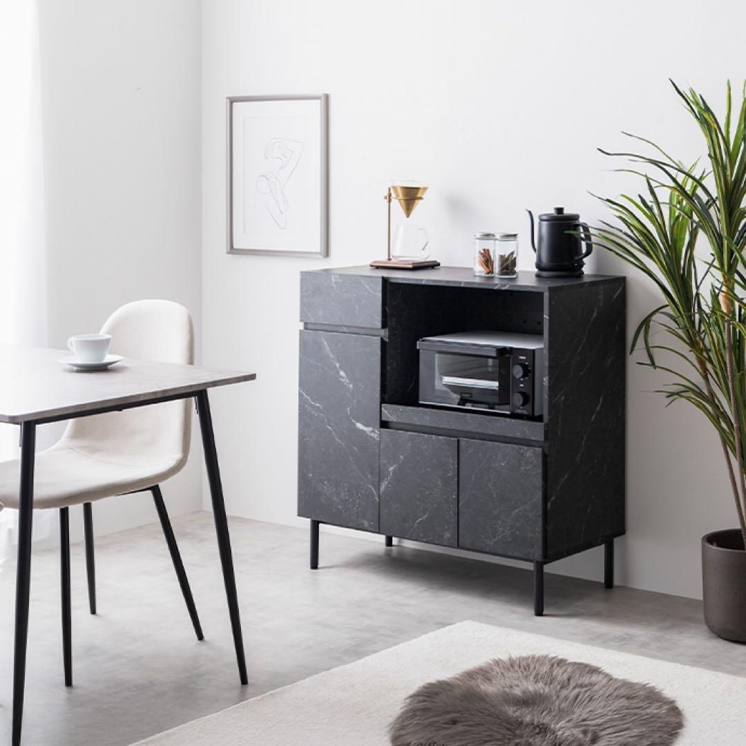 【幅86cm】Ellis 大理石柄レンジ台　マーブルホワイト