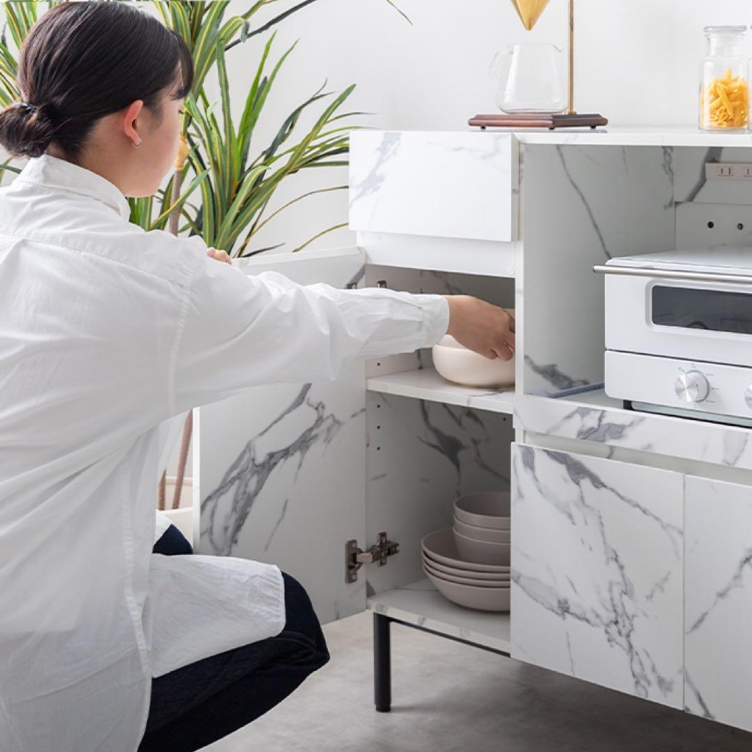 【幅86cm】Ellis 大理石柄レンジ台　マーブルホワイト