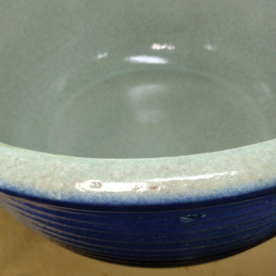 新品　∅50cm　陶器睡蓮鉢　難有　メダカ鉢　手造り　青＆緑色　LBL