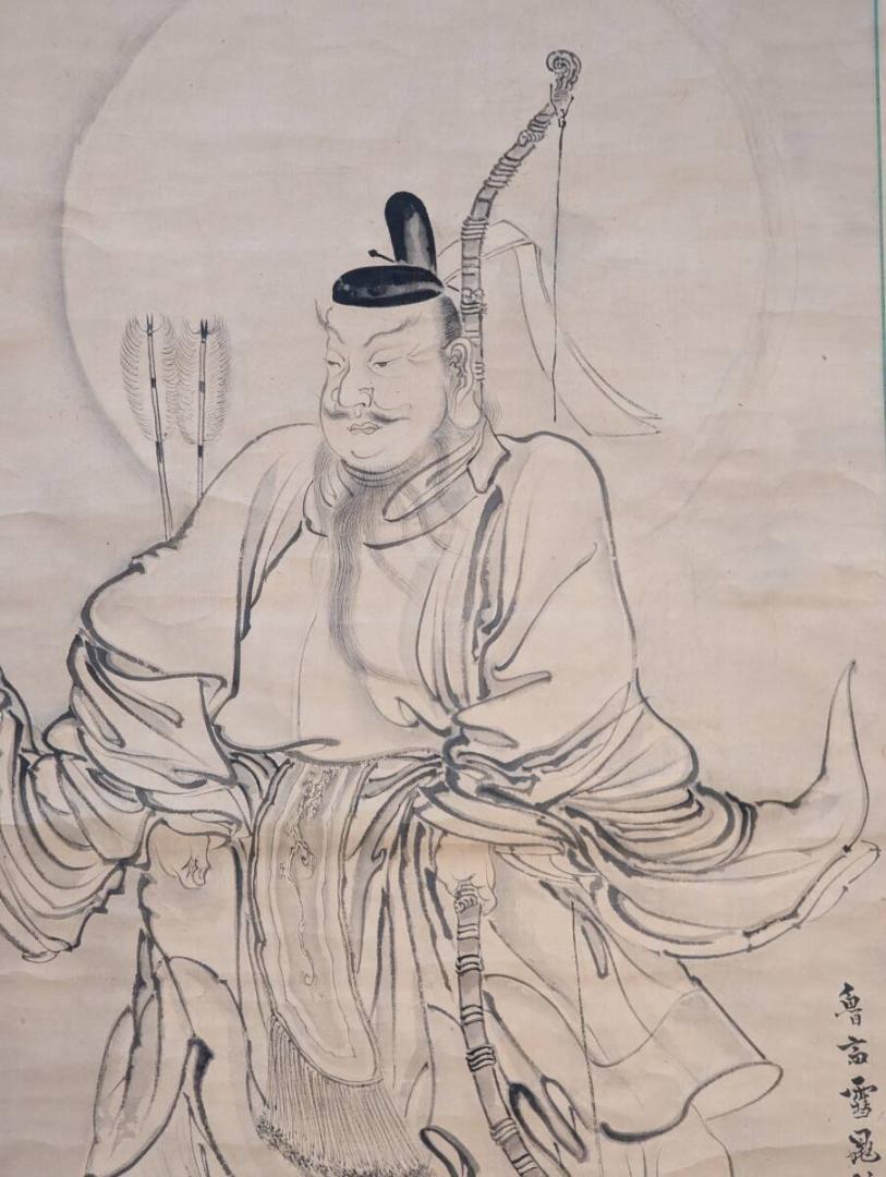 【真作】掛軸　武神図　弓矢を携える武将　精緻な墨画　威厳ある武人図　R55 真作】掛軸 武神図 弓矢を携える武将 精緻な墨画 威厳ある武人図