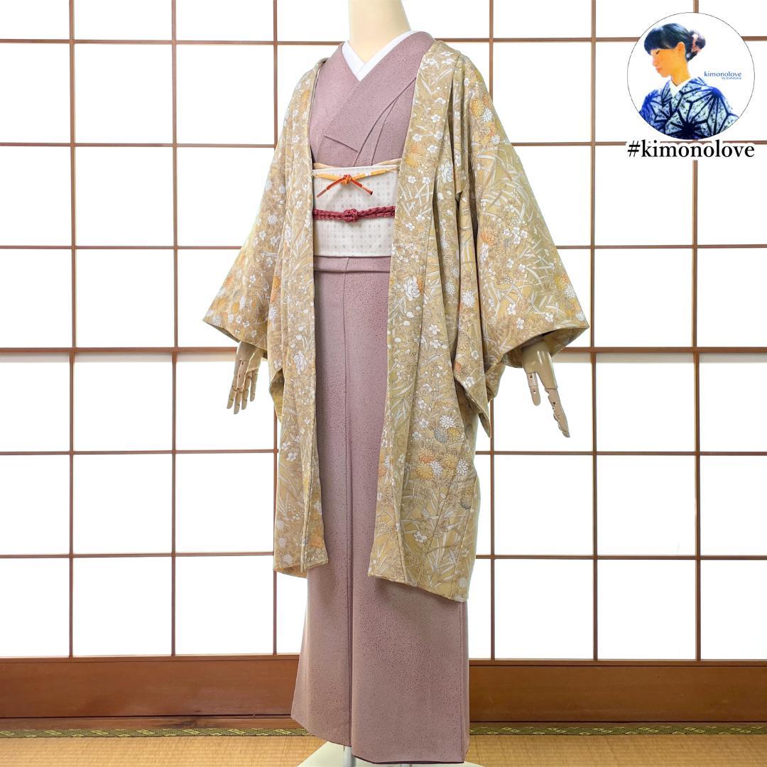長羽織 身丈100cm 正絹 縮緬 四季草花 着物 新品仕立替え A-2235