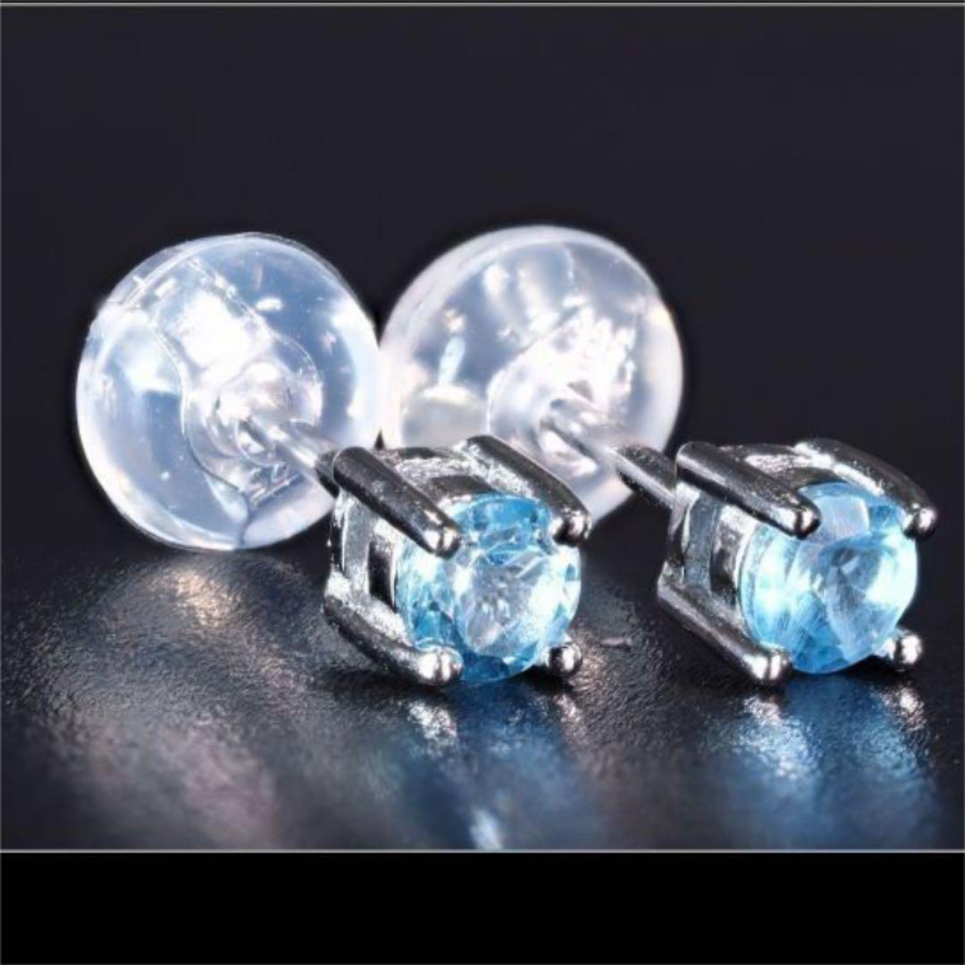 141)天然ブルートパーズ一粒ピアス、PT18k.シルバー925刻印有