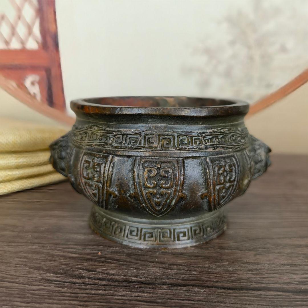 銅器 香炉 双龍戯珠双獣耳炉 香道具香挿 焼香炉 茶道具 工芸品