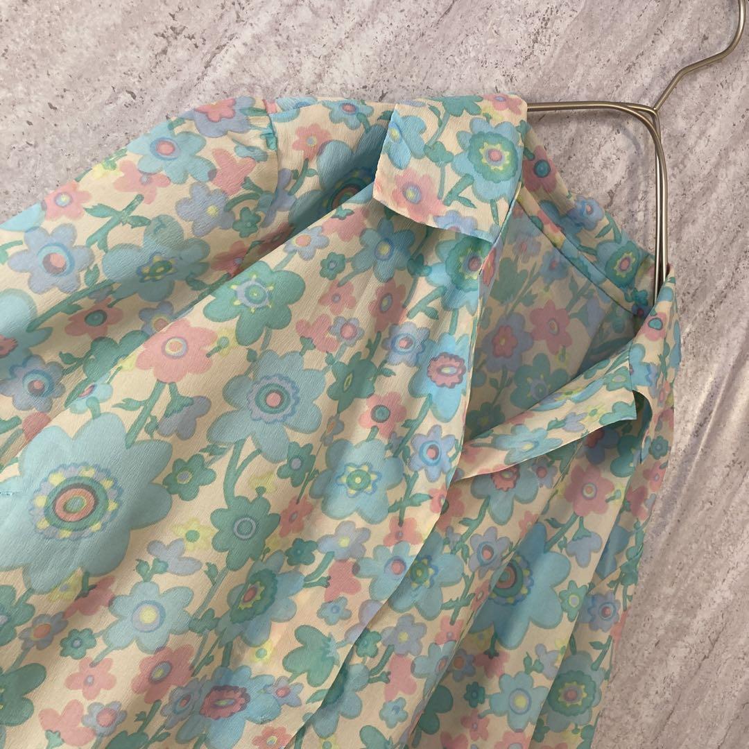 ヴィンテージ ブラウス お花柄 レトロポップ 70S 可愛い 水色 ピンク