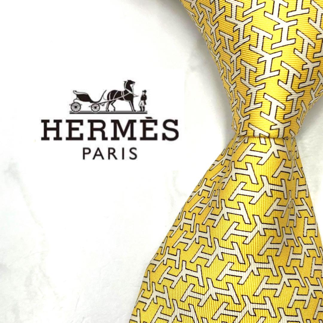 ◆美品◆HERMES ネクタイ 黄色 H柄 幾何学模様 高級感 カジュアル ◇美品◇HERMES ネクタイ 黄色 H柄 幾何学模様 高級感