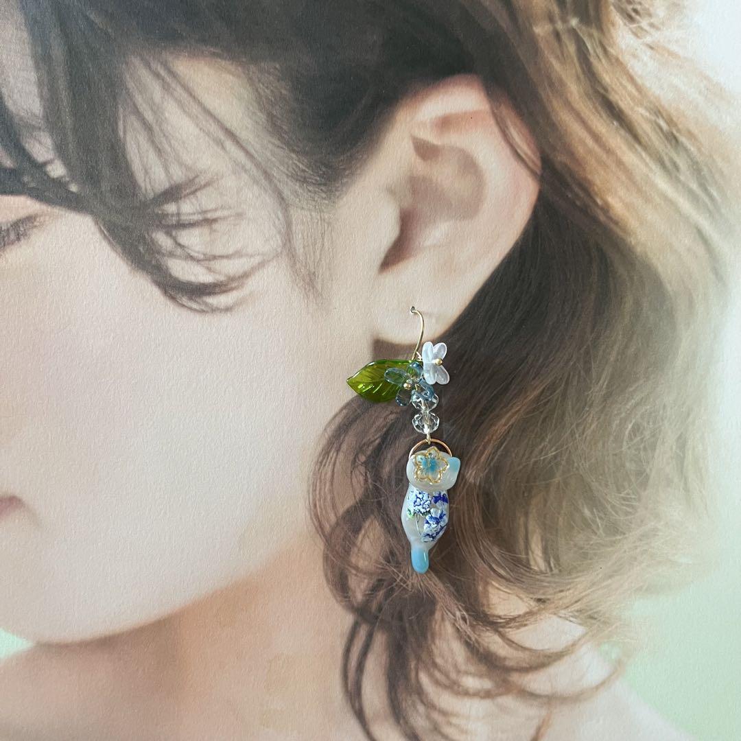 ฅ❤️ ねこ 猫 レジン 紫陽花 アジサイ 花 イヤリング ピアス