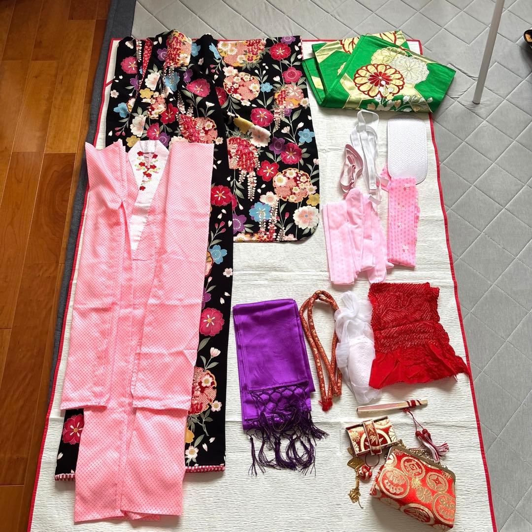 七五三 着物セット 花柄 黒とピンク120cm