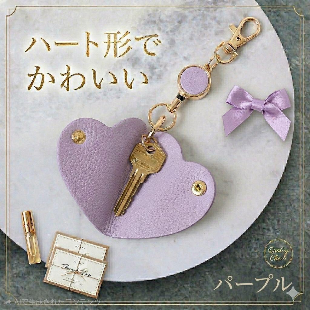 パープル ハート キーホルダー キーリング リール カラビナ レザー調