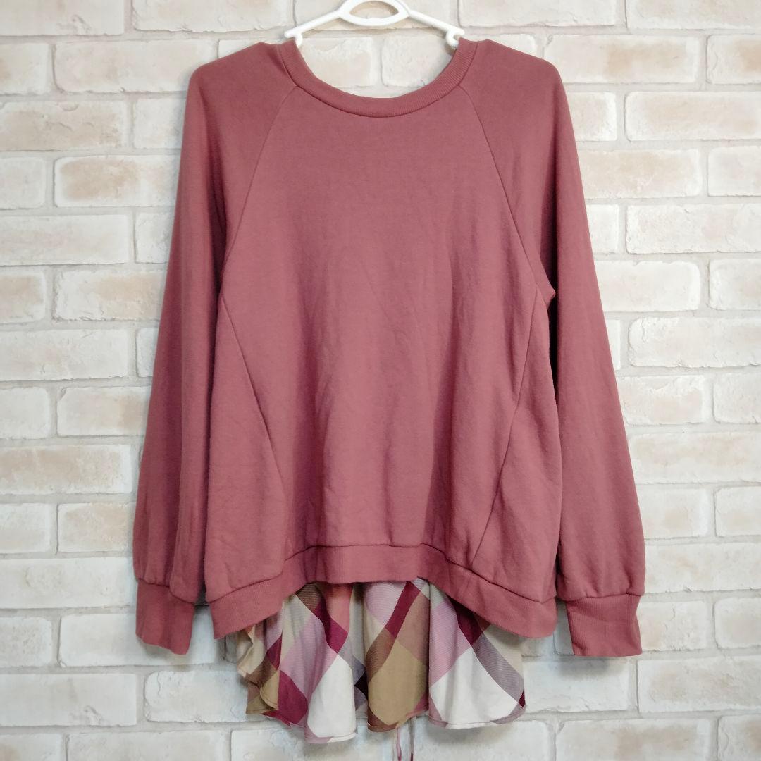 ブルーレーベル トレーナー スエット トップス ピンク リボン チェック 長め