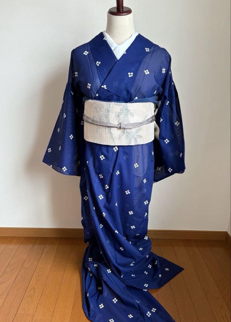 洗える夏着物 絽 紫紺色 童子 御所人形 手縫い仕立て しつけ付き