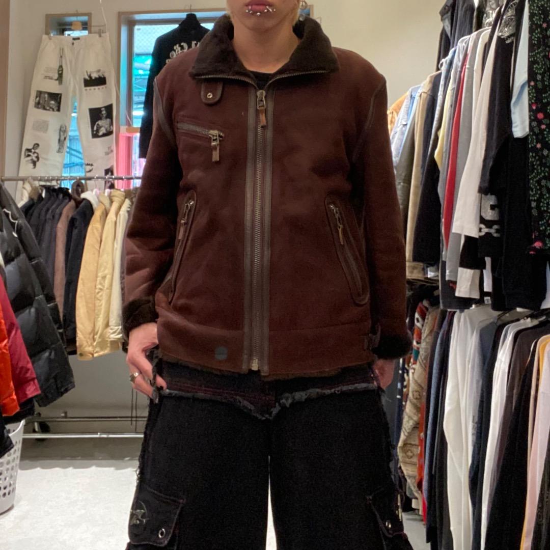 00s アーカイブ y2k ギミック ファー 羊革 ムートンジャケット ブラウンFREE SIZE・Archive