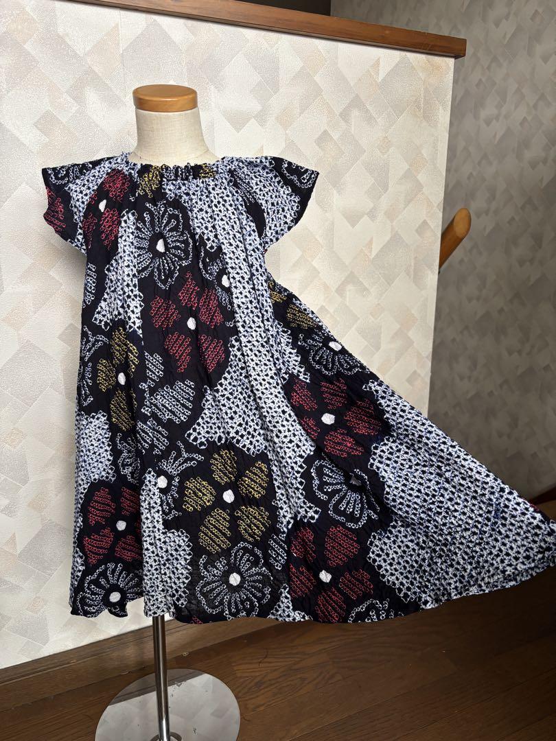 110サイズキッズワンピース　有松絞り　美品　親子コーデ　藍染木綿　ノーアイロン