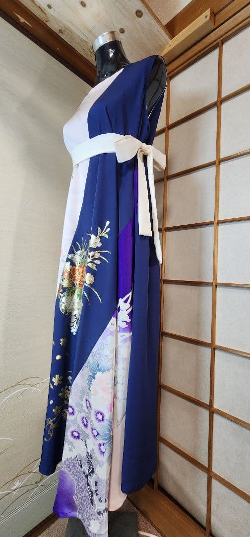 振袖着物リメイクワンピース正絹ウエストリボン付き着丈125センチ身幅60センチ