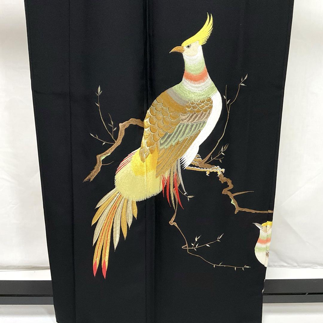 C574正絹 黒留袖 比翼付 五つ紋 総刺繍 着物