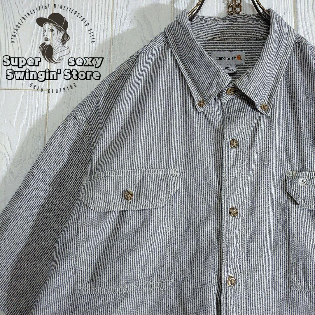 人気 カーハート 半袖シャツ 2XL ヒッコリーストライプ オーバーサイズ 古着