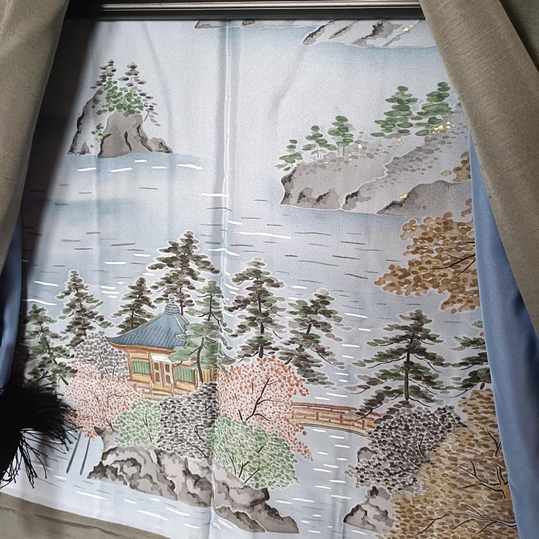 ◆2085◆結城紬　青灰色　男物着物　アンサンブル　５点セット　七五三