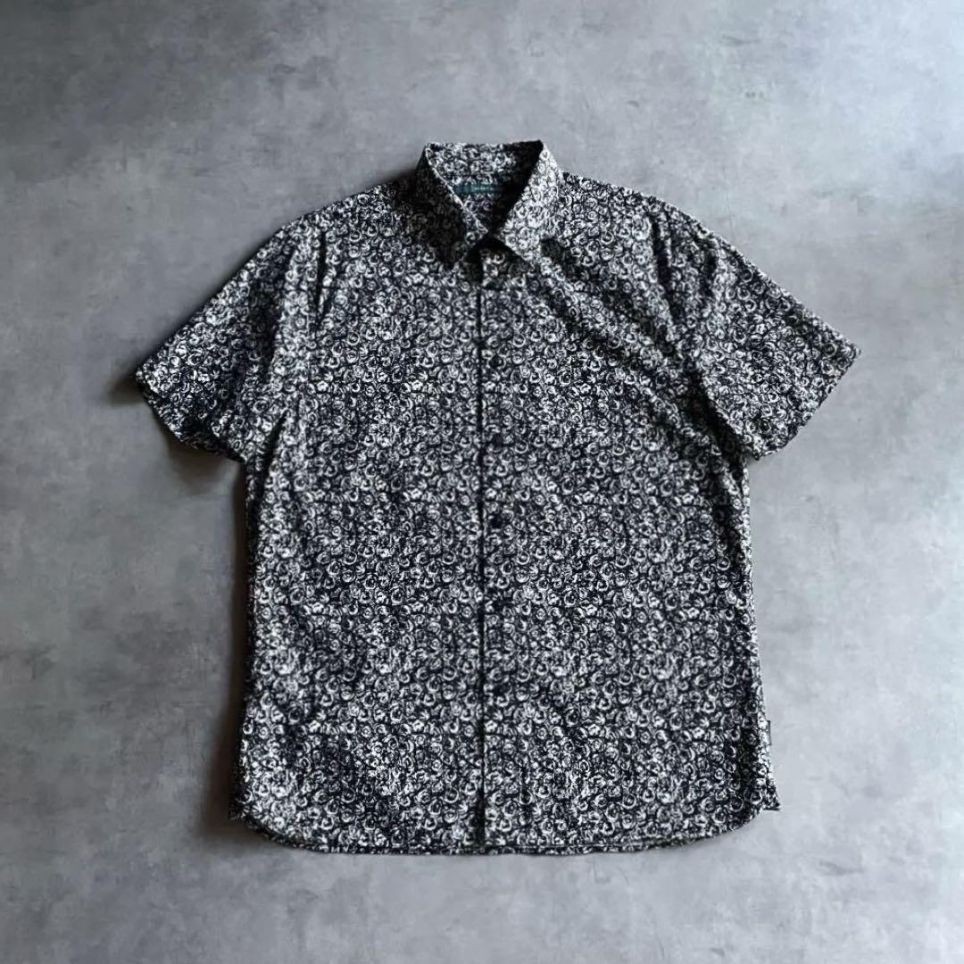 90s 00s PERRY ELLIS モノトーン 総柄 半袖シャツ 幾何学