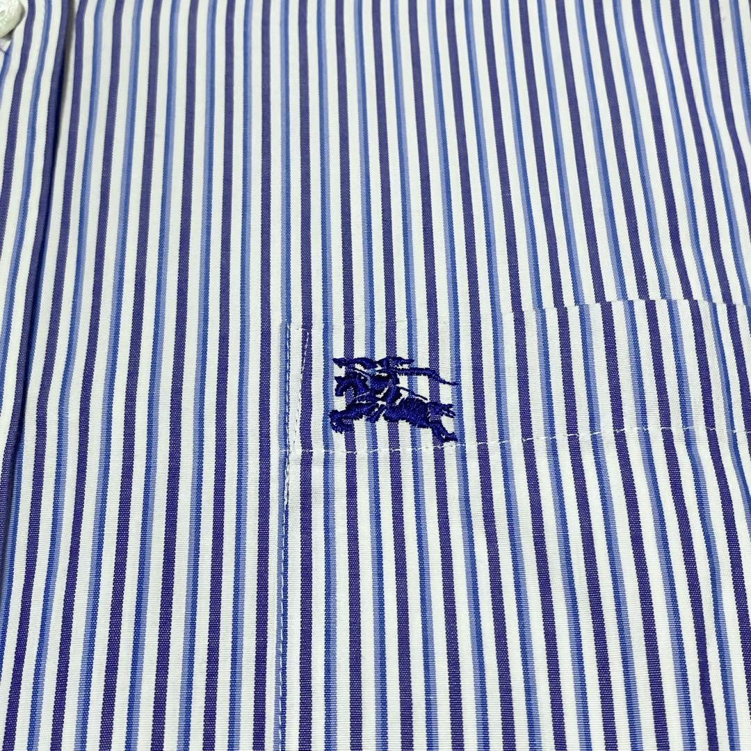 90s 美品 BURBERRY バーバリー 長袖シャツ ブルー ストライプ ロゴ