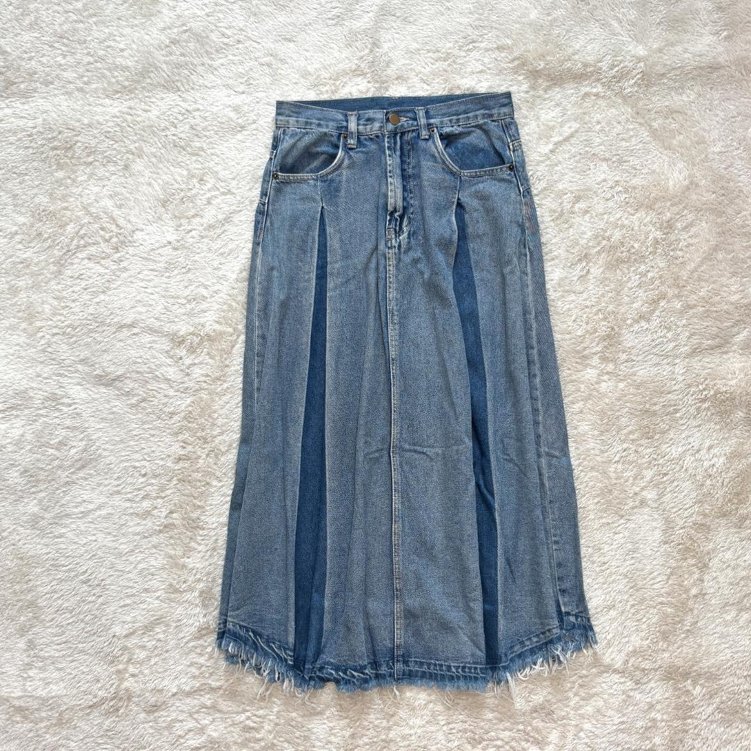 デニム　ロング　スカート　レディース　プリーツ　ジーンズ　ヴィンテージ加工