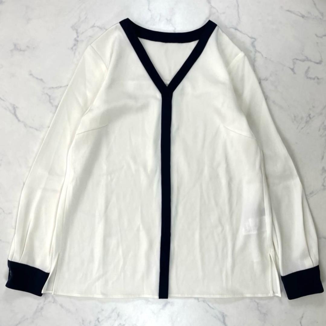Demi-Luxe BEAMS Vネック バイカラー 長袖ブラウス ホワイト S