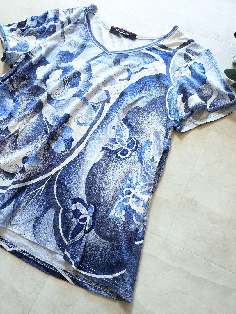 LEONARD 花柄　水色　半袖Tシャツ　カットソー　Vネック　LL