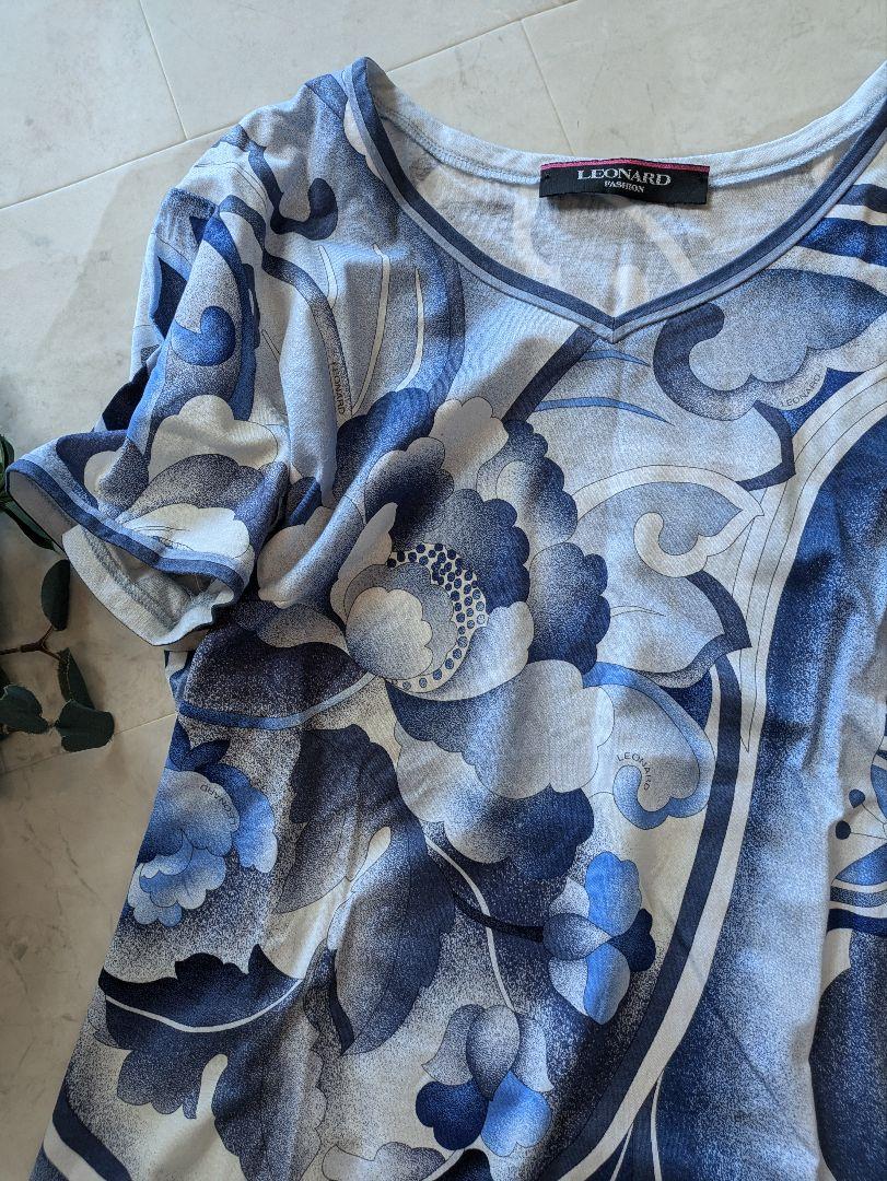 LEONARD 花柄　水色　半袖Tシャツ　カットソー　Vネック　LL