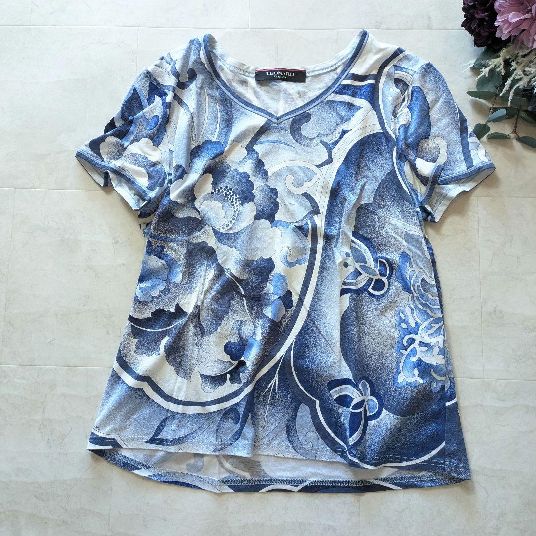 LEONARD 花柄　水色　半袖Tシャツ　カットソー　Vネック　LL