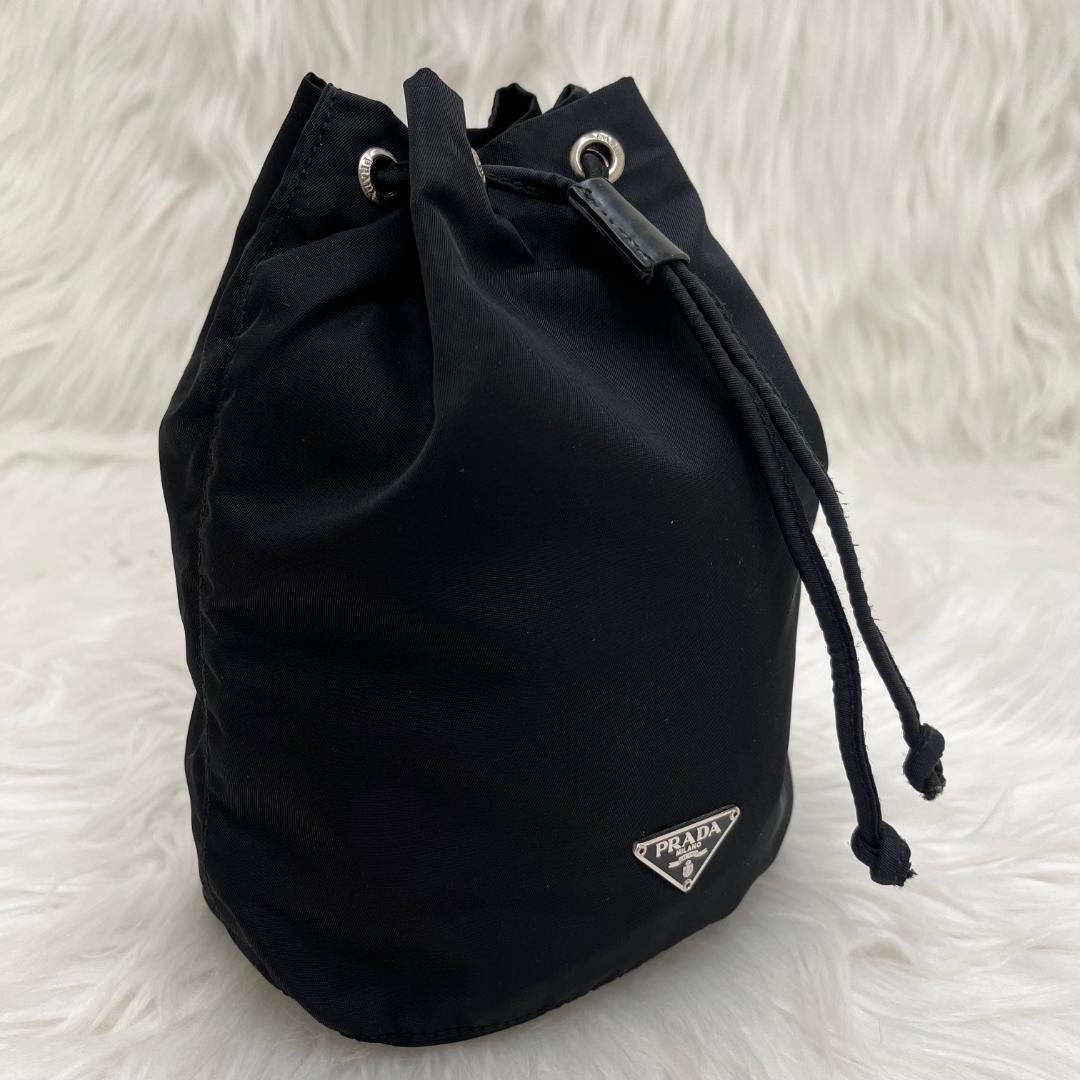 プラダPRADA ドローストリングバッグ 巾着ポーチ三角ロゴ 白タグあり