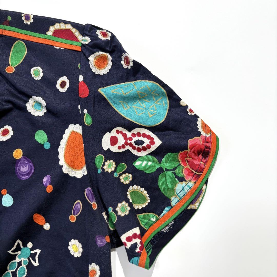 【美品】LEONARD 膝丈 ワンピース 宝石 花柄 ボウタイ ネイビー 美品】LEONARD 膝丈 ワンピース 宝石 花柄 ボウタイ ネイビー