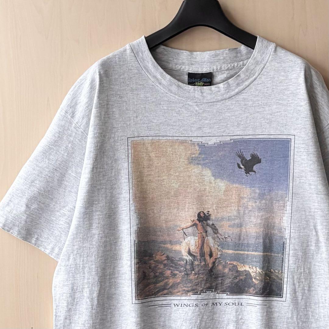 90sUSA製古着　ヴィンテージ　Tシャツ　ネイティブアメリカン　大自然　霜降り