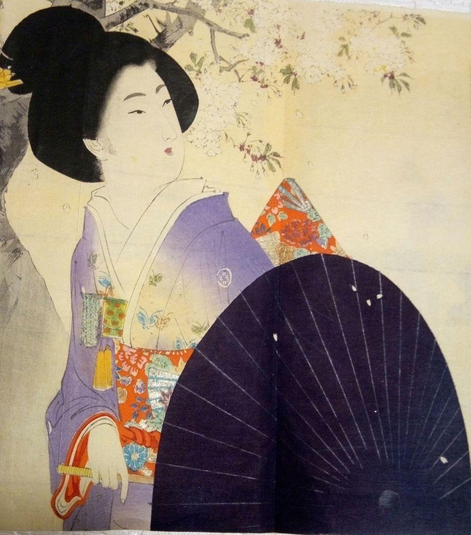 江戸浮世絵 芳艶作 舟遊び美人図 花火と芝浦の景 木版画 アンティーク 希少 江戸浮世絵 芳艶作 舟遊び美人図 花火と芝浦の景 木版画