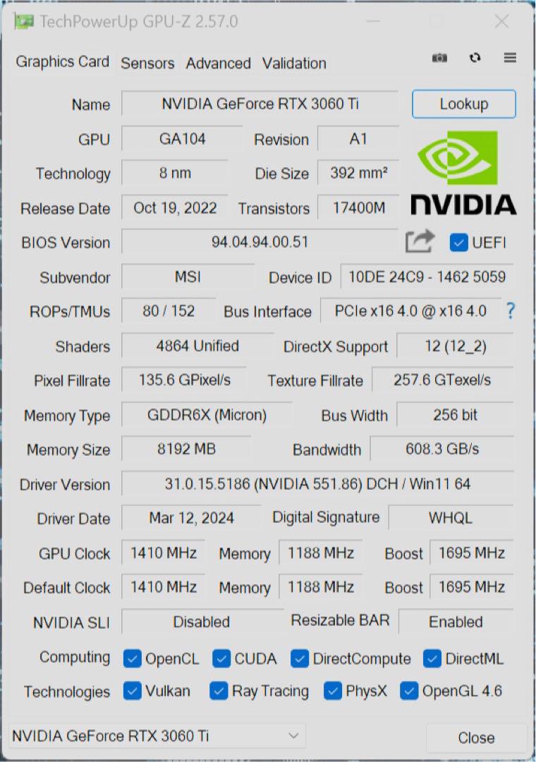 グラフィックボード・グラボ・ビデオカード MSI GeForce RTX3060Ti GDDR6X