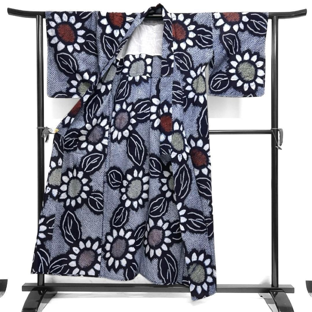 浴衣 有松鳴海絞り 向日葵 リーフ 花模様 藍染 ネイー 着物 054a d 浴衣 有松鳴海絞り 向日葵 リーフ 花模様 藍染 ネイー 着物 054a d