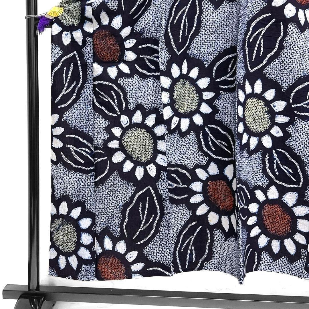 浴衣 有松鳴海絞り 向日葵 リーフ 花模様 藍染 ネイー 着物 054a d 浴衣 有松鳴海絞り 向日葵 リーフ 花模様 藍染 ネイー 着物 054a d