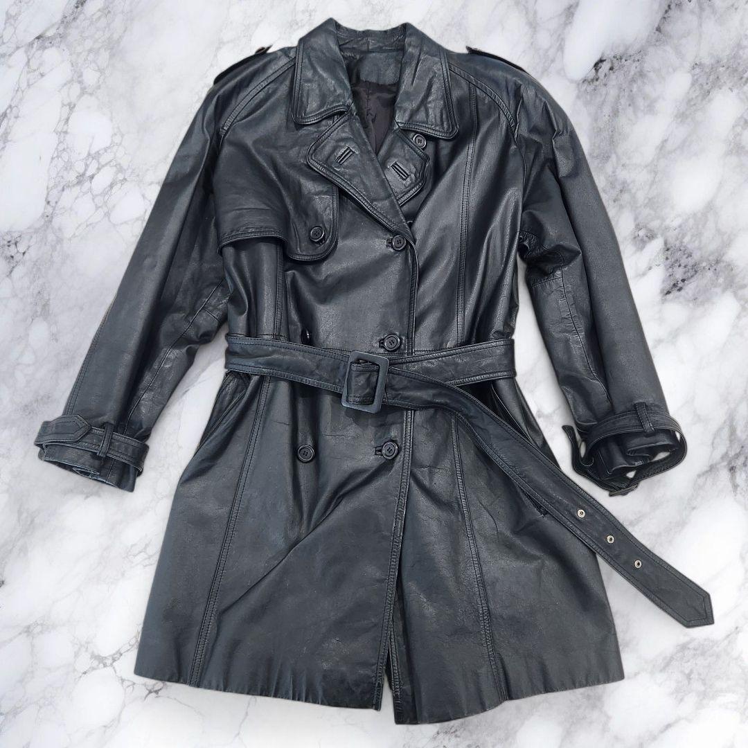 本革レザー トレンチコート L〜XL相当 ダブルブレスト ブラック 牛革 ベルト