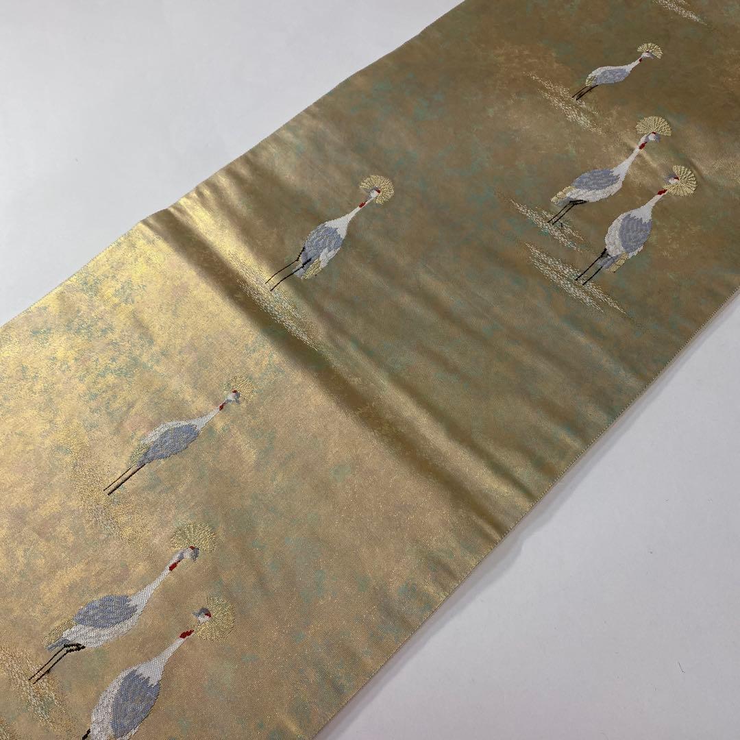 【和】16477o 袋帯　六通柄　鶴文様　金箔　古典　正絹　リサイクル　着物