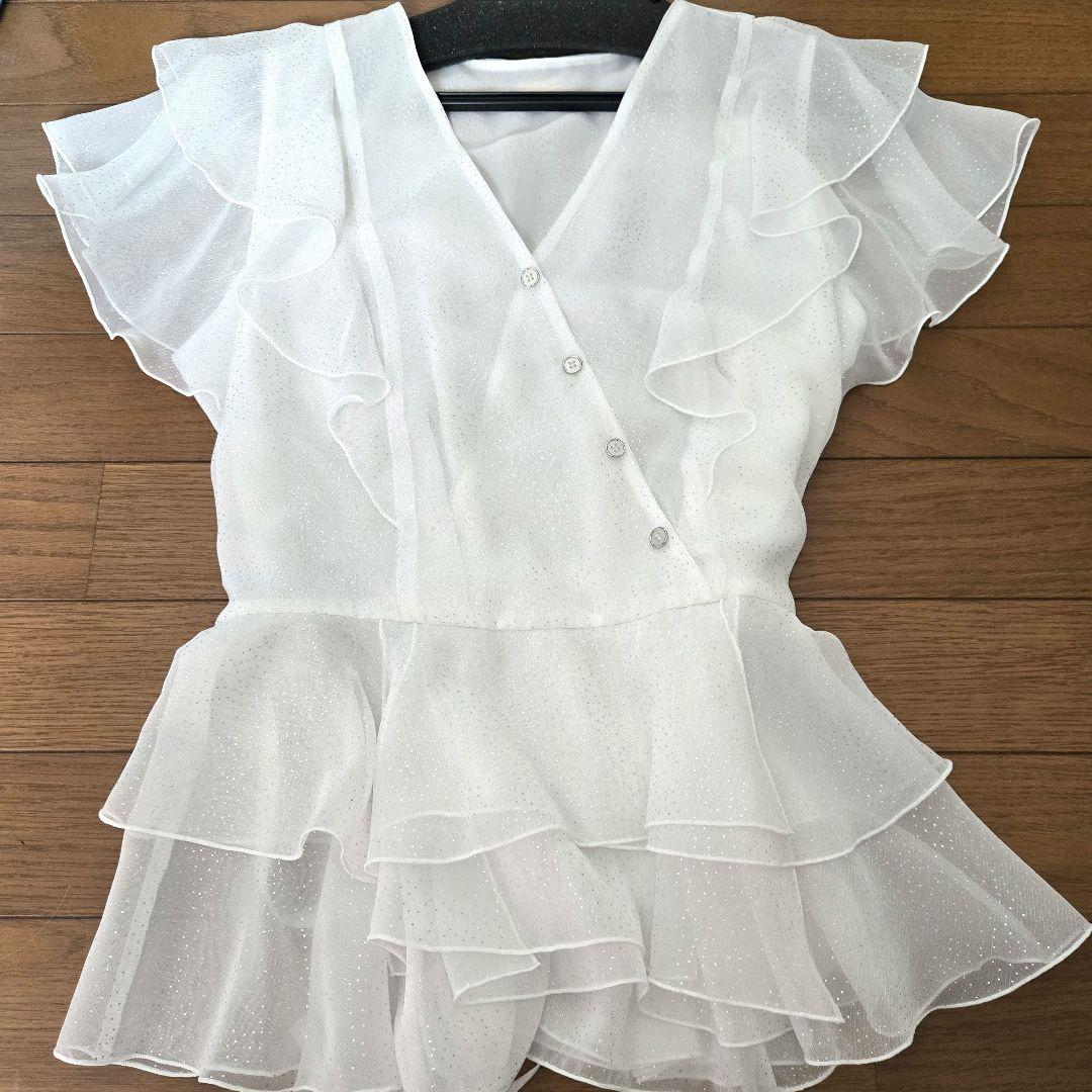 新品 Mystrada シアーフリルペプラムブラウス　ホワイト　ラメ　38 タグ