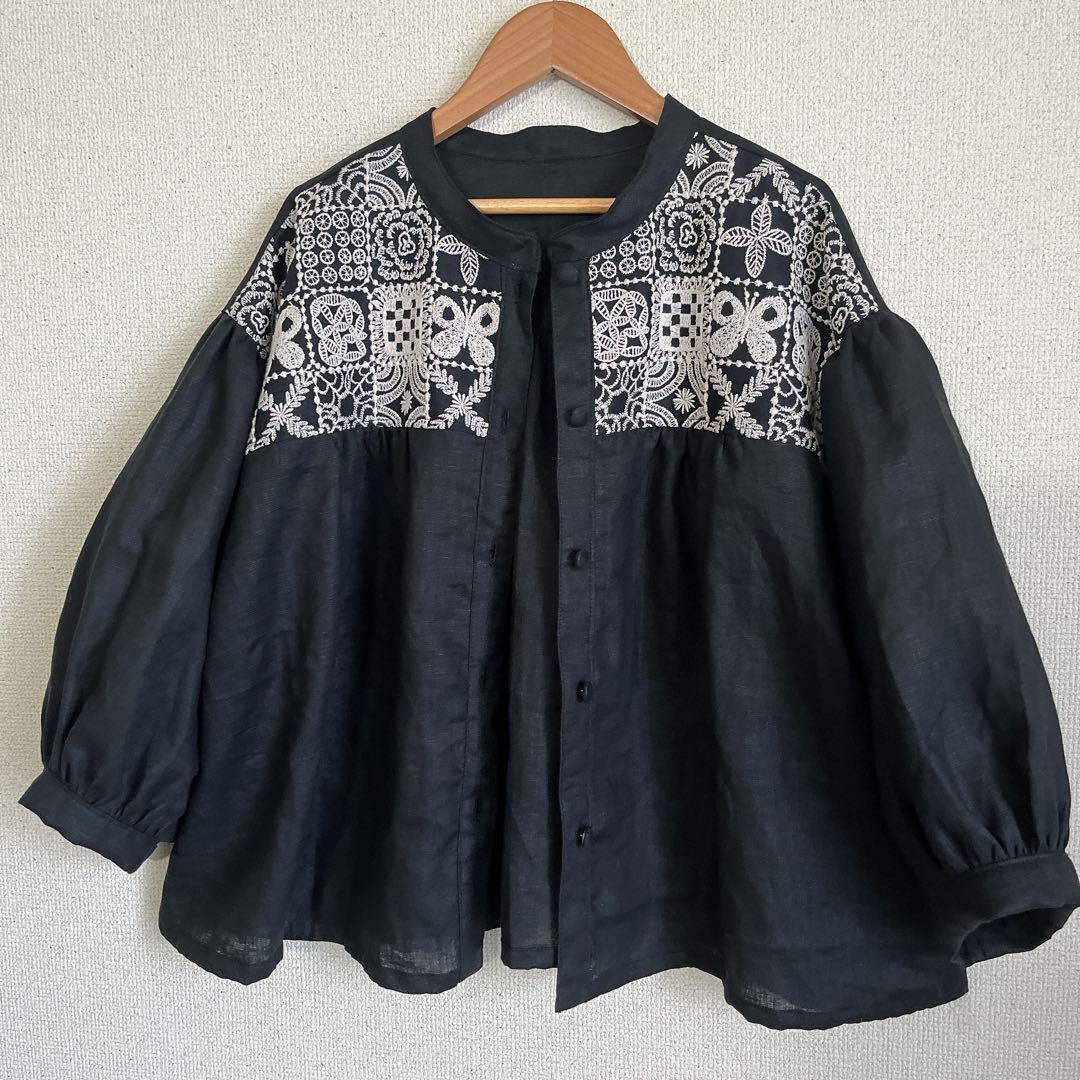 ミナペルホネン　希少　forest tile ブラウス　黒リネン　ハンドメイド