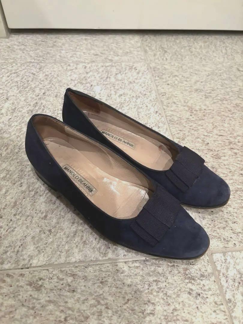 【2025年製 新品】 MANOLO BLAHNIK リボン付きフラットシューズ スエード ネイビー 靴