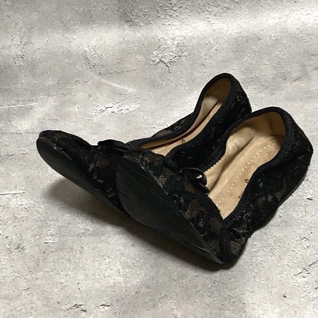 美品　サルヴァトーレフェラガモ (7.5) バレエシューズ　レース　ヴァラ　黒