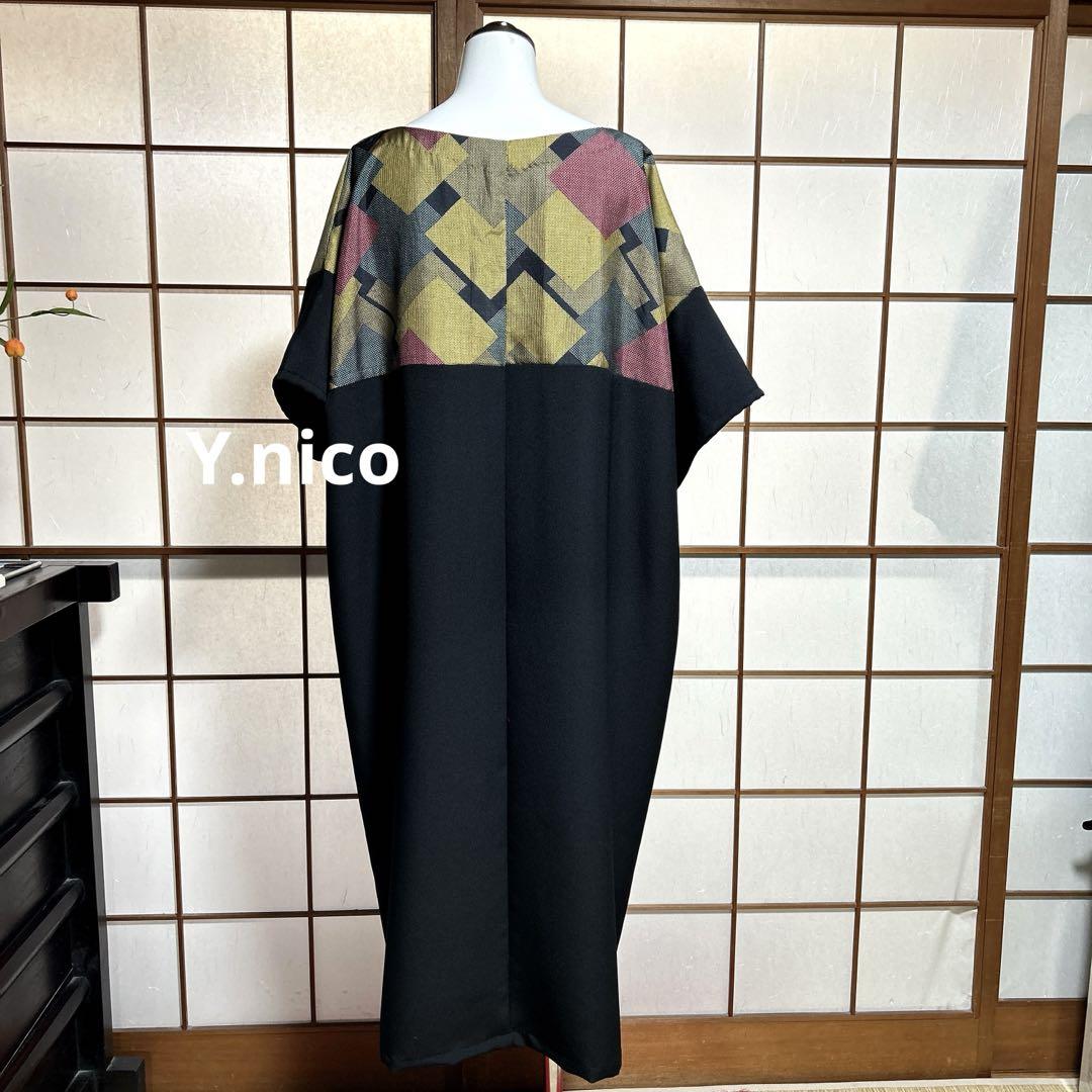 LL 着物リメイク 正絹 大島紬と黒 シンプルゆったりワンピース
