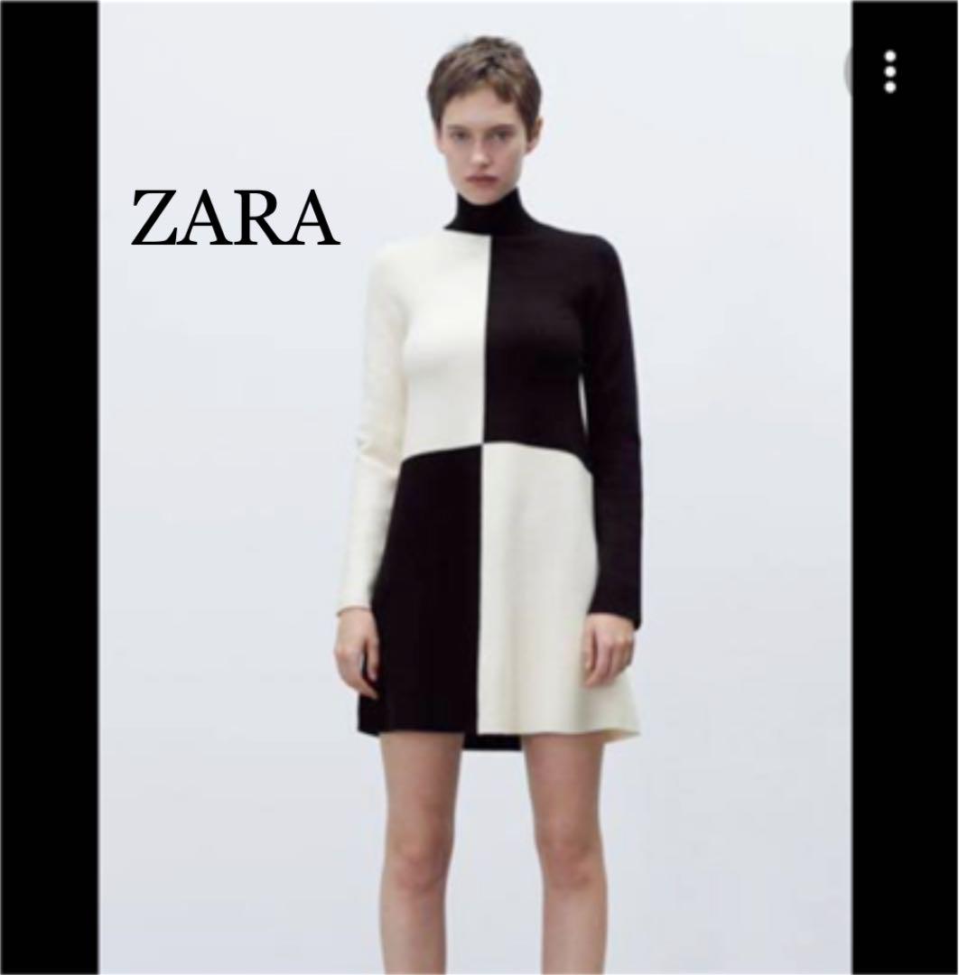 ZARAブロックニットワンピース 白黒ワンピースS