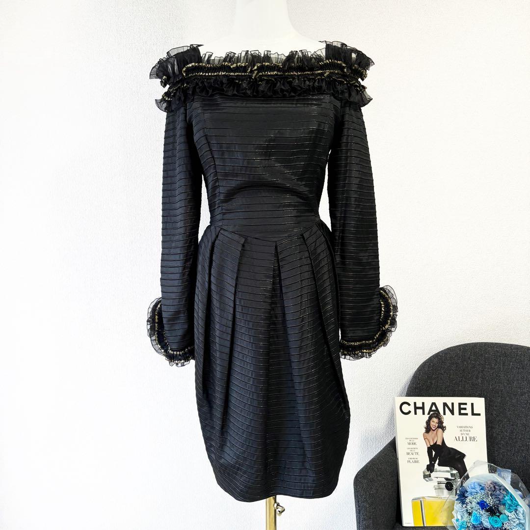 極美品*ディオール オフショルダー ワンピース チュール ゴールド刺繍 ひざ丈