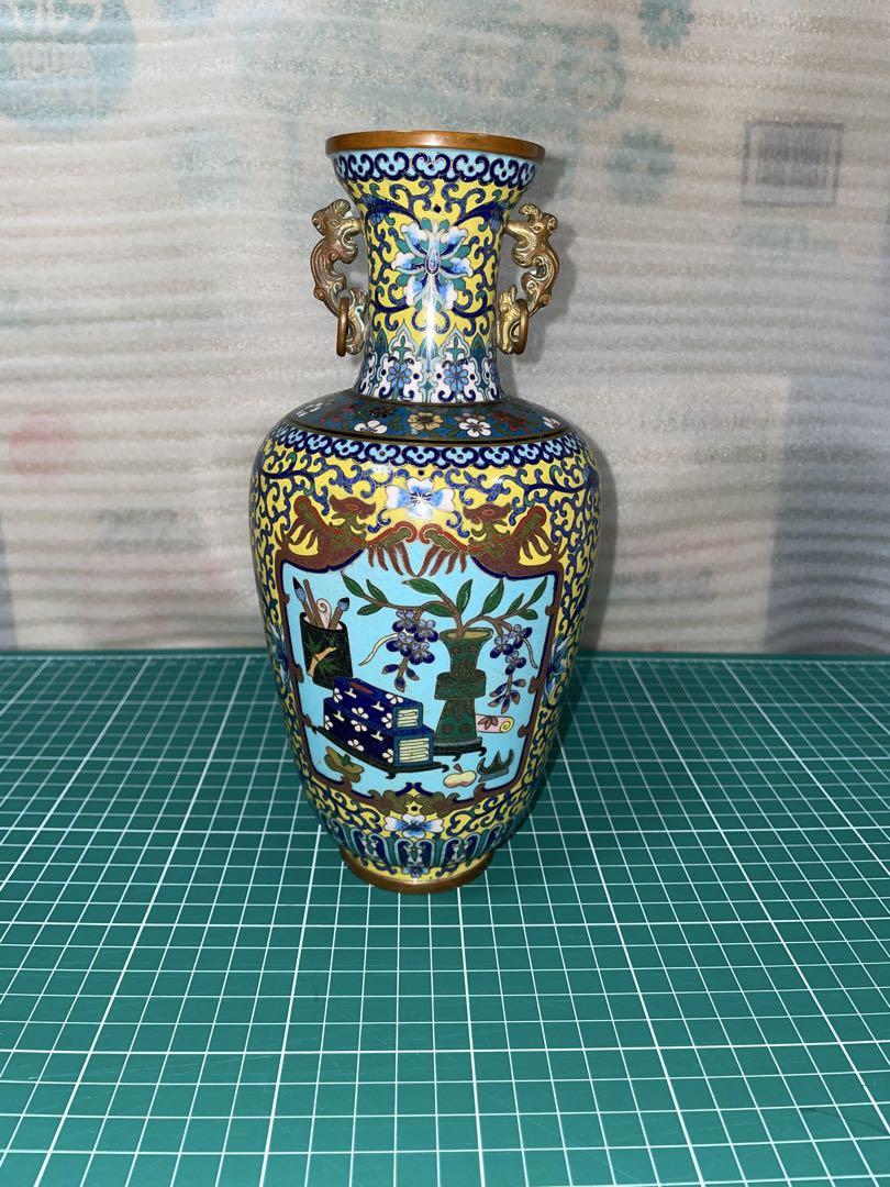 花瓶　アンティーク　銅製品　青と黄色の花瓶