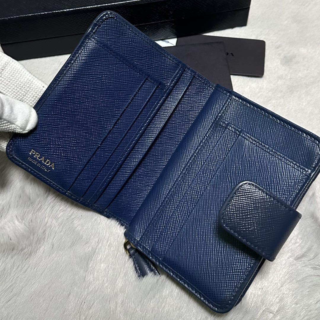 PRADA プラダ　折り財布　ロゴ金具　ブルー　コンパクトウォレット