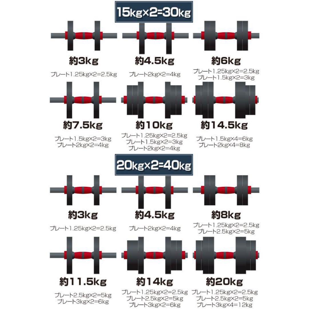 ダンベル 可変式 15kg 可変式 30kg 多機能バーベルシャフト 鉄アレ