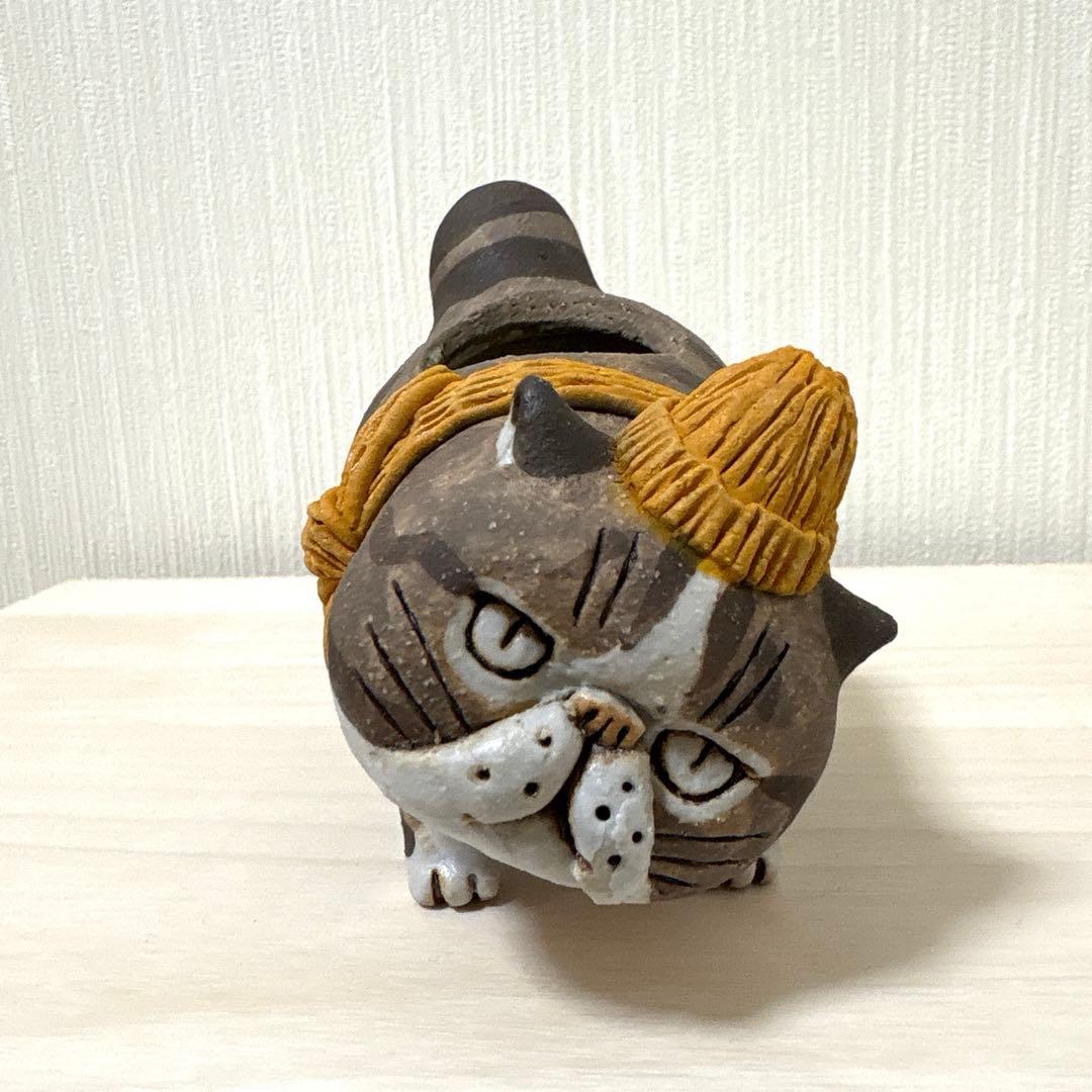 かとうゆみ ねこ マフラー 陶器 植木鉢 置物 花器新品、♥