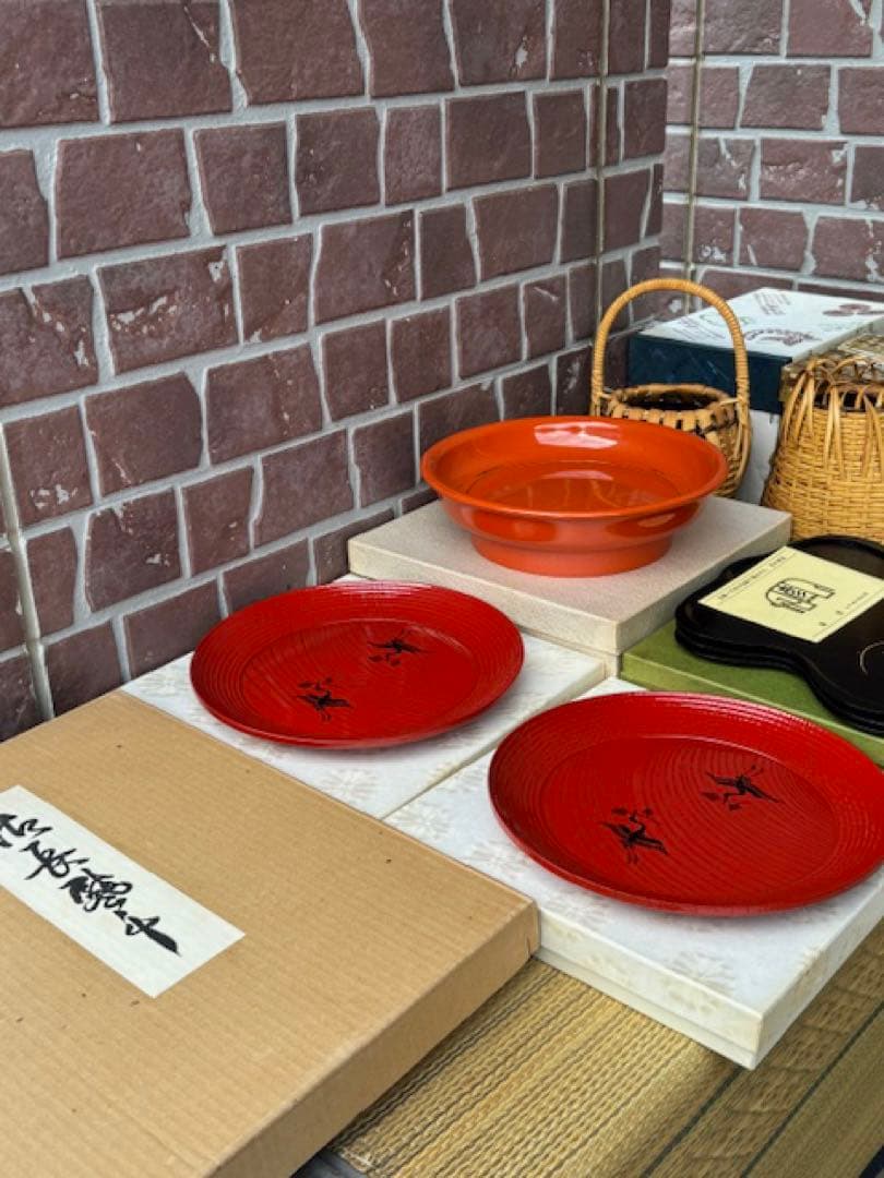 茶道具纏めて岡本漆専堂平安象彦根来塗高杯菓子盆漆器長尾宗湖網代編花籠花篭長熨斗